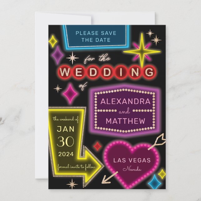 Neon Marquee Signs Las Vegas Save the Date Invitation (Front)