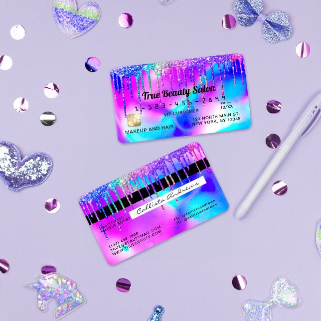 Neon Mermaid Holographic Glitter Drips Credit Business Card (Creator Uploaded)