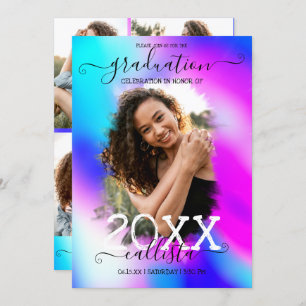 Neon Mermaid Holographic Photo Collage Graduation Invitation