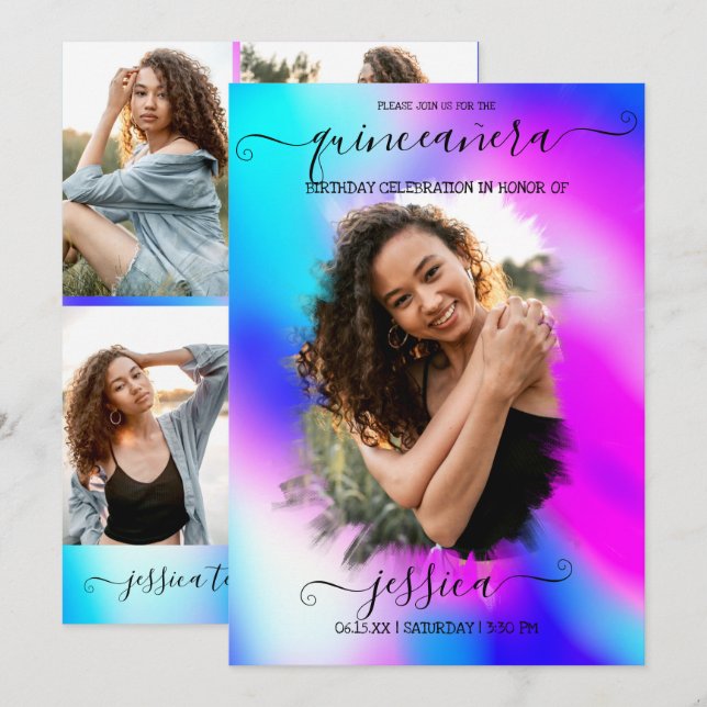 Neon Mermaid Holographic Photo Collage Quinceañera Invitation (Front/Back)