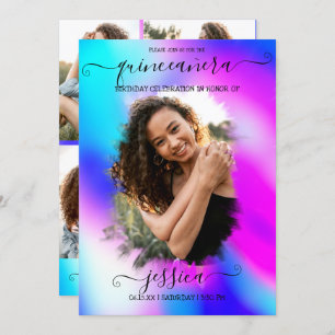 Neon Mermaid Holographic Photo Collage Quinceañera Invitation