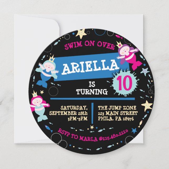 NEON Mermaid Sea Life Fish Starfish Birthday Party Invitation (Front)