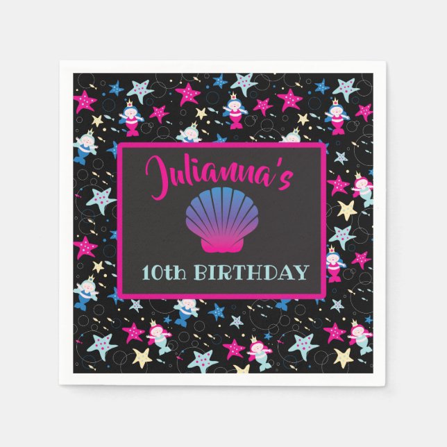 NEON Mermaid Sea Life Fish Starfish Birthday Party Napkin (Front)