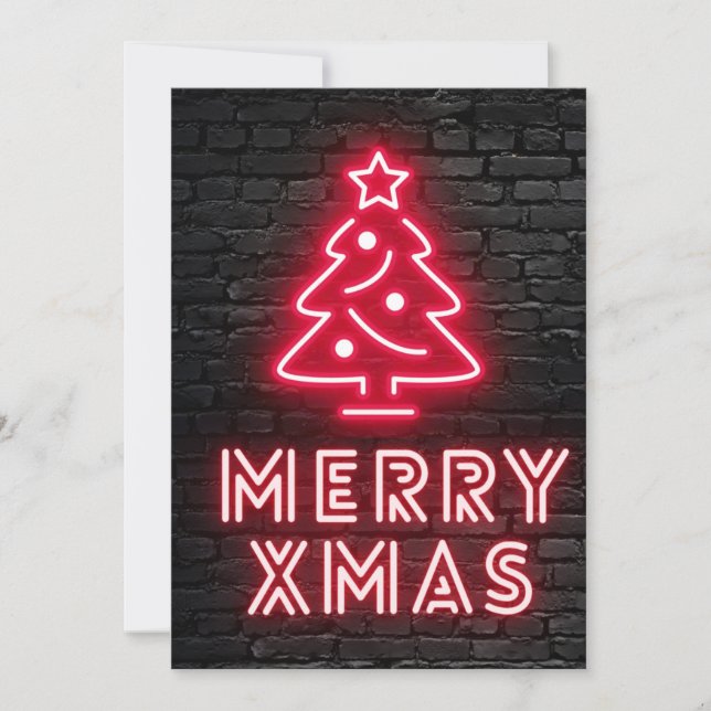 Neon  Merry Xmas Red Tree Black Brick Wall Holiday Card (Front)