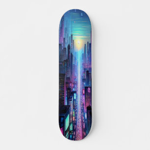 "Neon Metropolis: Cyberpunk City Skateboard