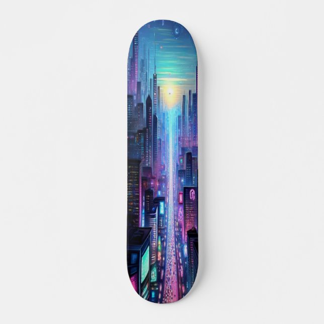 "Neon Metropolis: Cyberpunk City Skateboard (Front)