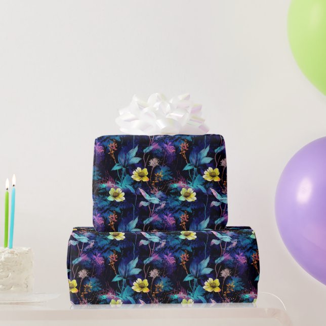 Neon Midnight Botanical Floral Pattern Wrapping Paper (Party Gifts)