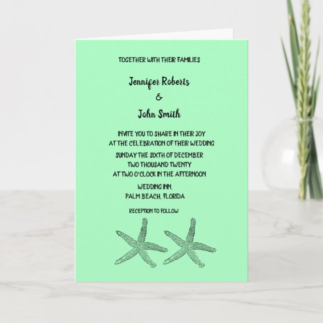 Neon Mint 2020 Starfish Patterns Elegant Wedding Invitation (Front)