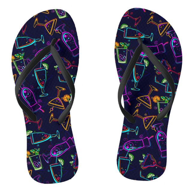 Neon Mixed Drinks Cocktails on Black Thongs (Footbed)