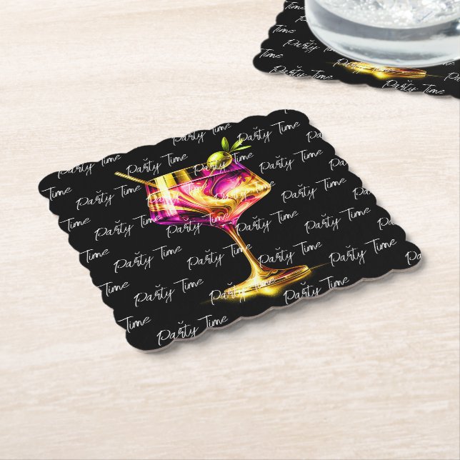 Neon Modern Party Time Personalised Paper Coaster (Angled)