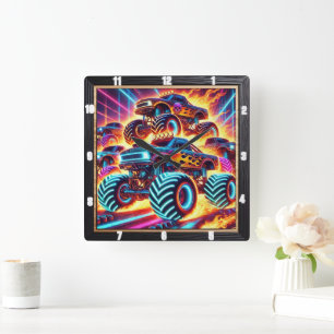 Neon Monster Trucks on a Flaming Action-Packed  Square Wall Clock