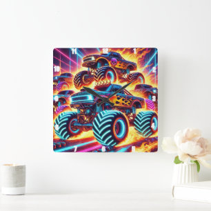 Neon Monster Trucks on a Flaming Action-Packed  Square Wall Clock