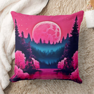 Neon Moonlit Fantasy Forest Lake Cushion