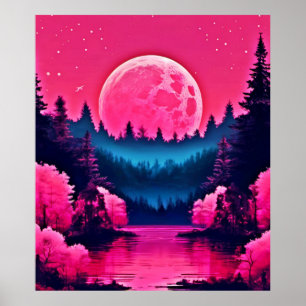 Neon Moonlit Fantasy Forest Lake Poster