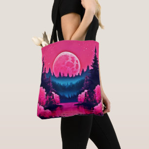 Neon Moonlit Fantasy Forest Lake Tote Bag