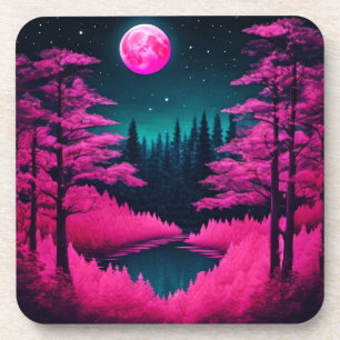 Neon Moonlit Forest Fantasy Art Coaster