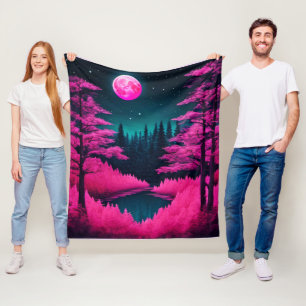 Neon Moonlit Forest Fantasy Art Fleece Blanket