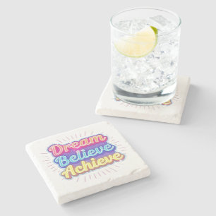 Neon motivational quote 'Dream believe achieve' Stone Coaster