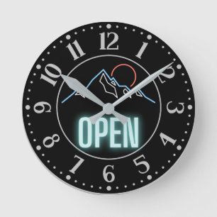 Neon Mountain Range Open Sign   Round Clock