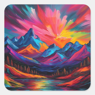 Neon Mountain Sunset Square Sticker