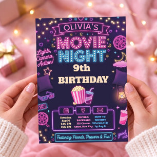 Neon Movie Night Birthday Invitation