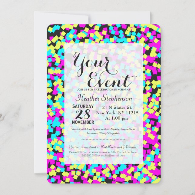 Neon Multi-Coloured Fun Confetti Invitation (Front)