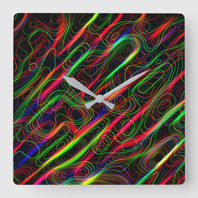 Neon Multicolored Lines Square Wall Clock (Front)