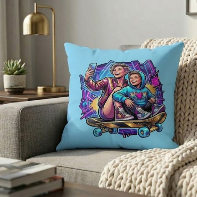 Neon Mum Son Skateboarding Art Theme Throw Pillow (Creator Uploaded)