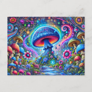 Neon Mushroom Glow Psychedelic Fantasy Forest Postcard