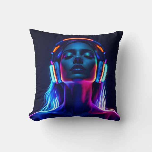 Neon Music Meditation – Woman with Headphones Art Cushion (Front)