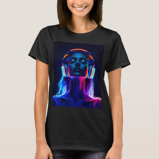Neon Music Meditation – Woman with Headphones Art T-Shirt