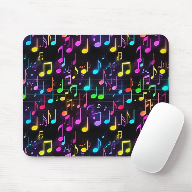 Neon Music Notes On Black Mouse Pad (With Mouse)