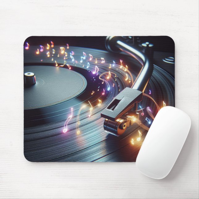 Neon Musical Notes Emanating From Turntable Mouse Pad (With Mouse)
