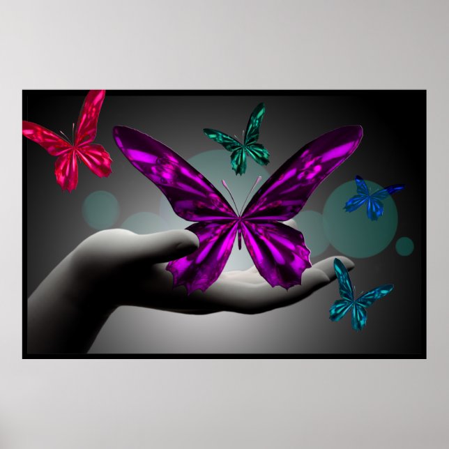 Neon Mystic Butterflies Digital Art Poster (Front)