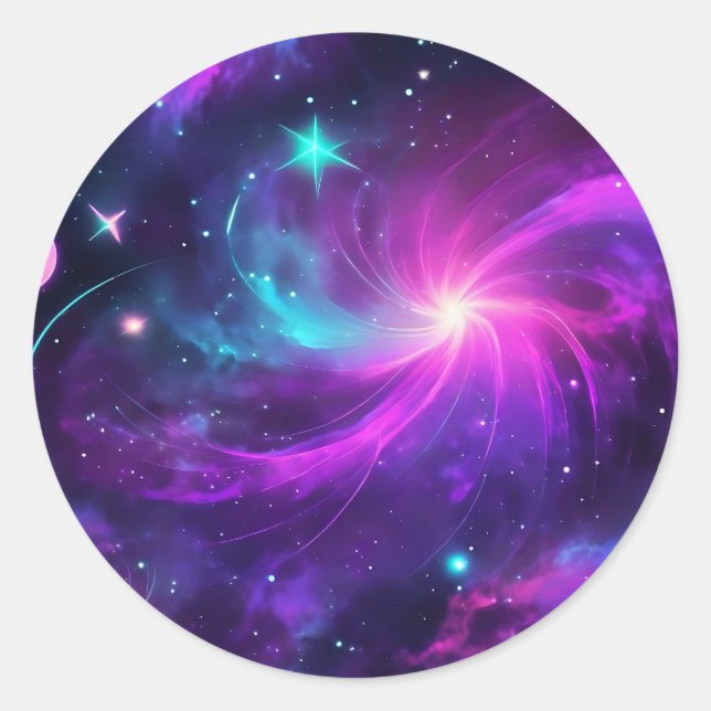 Neon Nebula Galaxy With Stars Classic Round Sticker (Front)