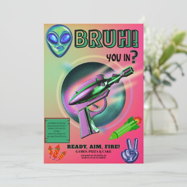 Neon Nerf Battle Dart Gun Game Birthday Boy Invitation (Standing Front)