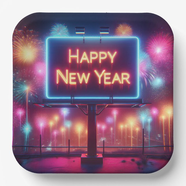 Neon New Year Billboard Paper Plate (Front)