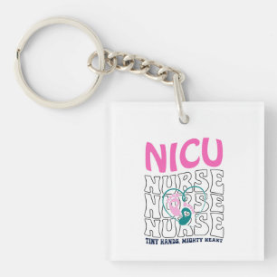 Neon NICU Nurse Typography with Footprint Art Key Ring