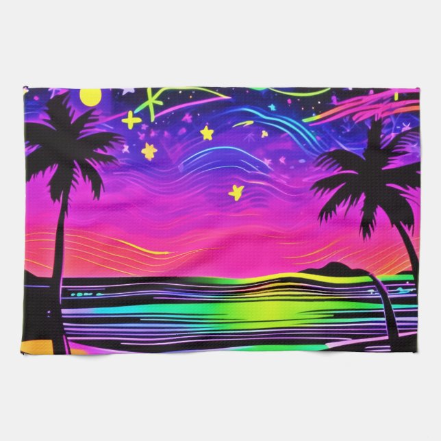 Neon Night Beachscape Tea Towel (Horizontal)