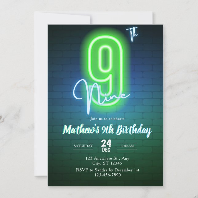 Neon ninth birthday Invitation (Front)