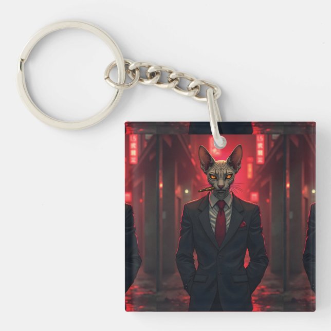 Neon Noir Sphynx Cat in Mafia Style Key Ring (Front)
