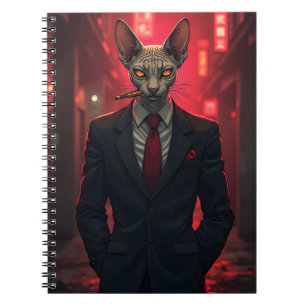 Neon Noir Sphynx Cat in Mafia Style Notebook
