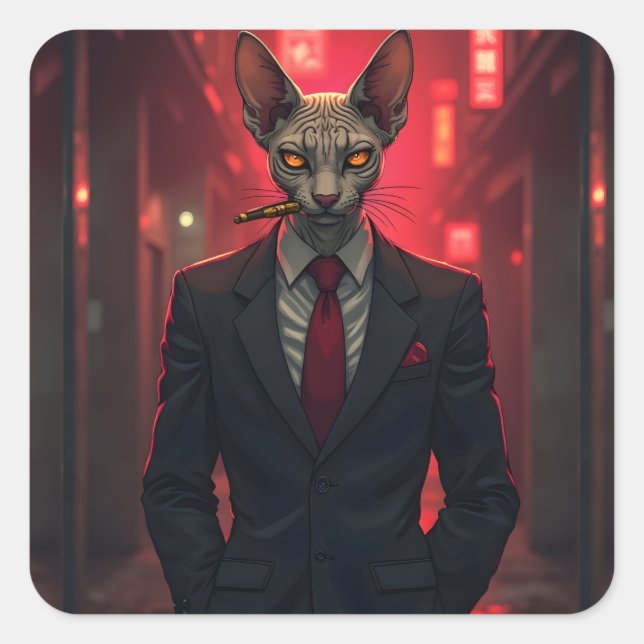 Neon Noir Sphynx Cat in Mafia Style Square Sticker (Front)