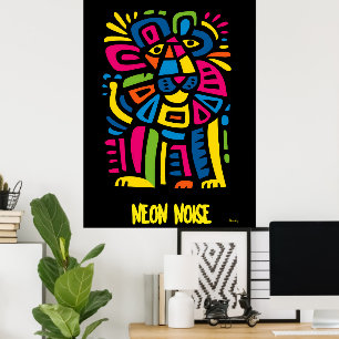 Neon Noise Lion – Abstract Geometric Tribal Art Poster