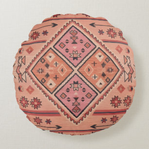 Neon Nomad Soul -Vibrant Tribal Geometric Tapestry Round Cushion