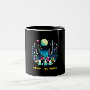 Neon Nomads - Cyberpunk Pixel Art Travel Design Two-Tone Coffee Mug