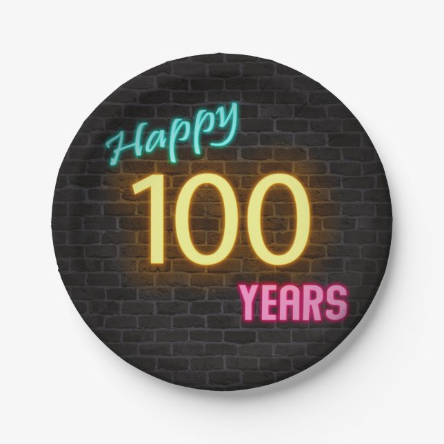Neon number 100 sign on brick wall paper plate (Front)