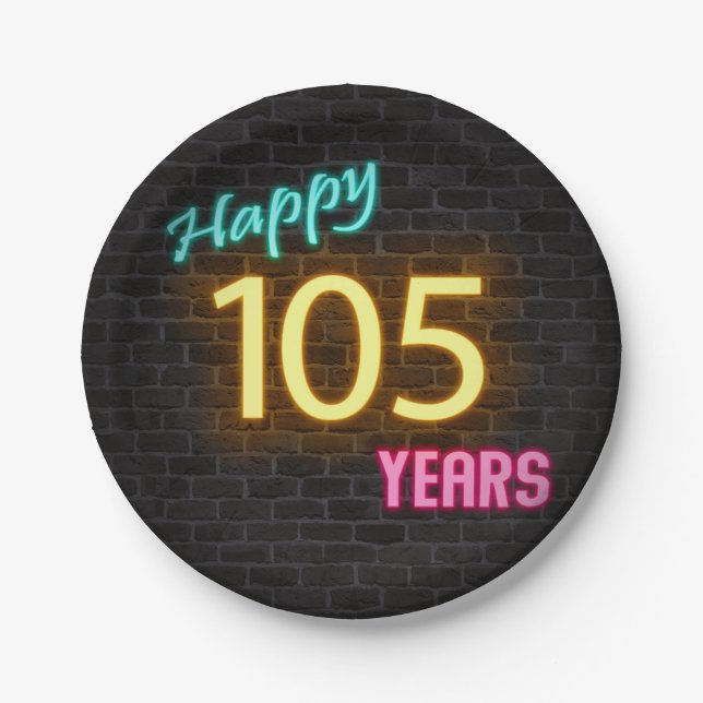 Neon number 105 sign on brick wall paper plate (Front)
