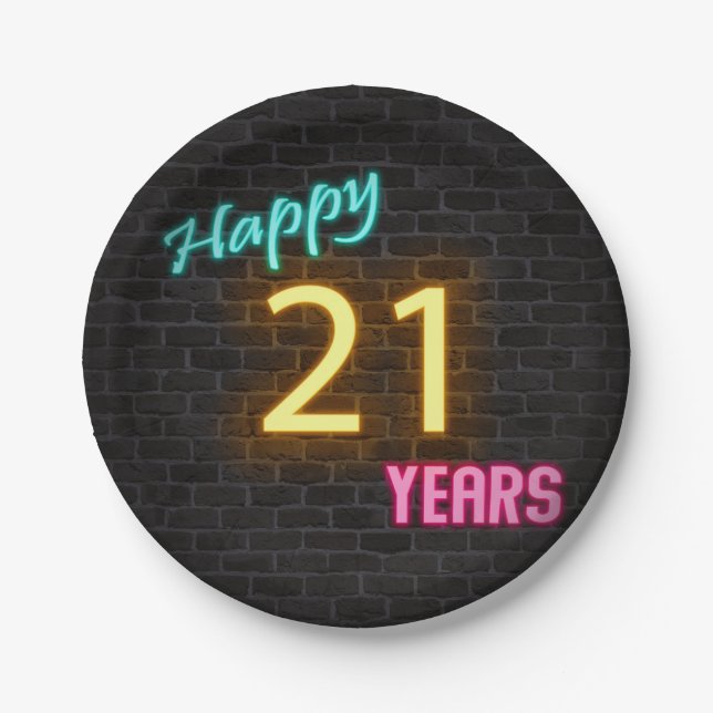 Neon number 21 sign on brick wall paper plate (Front)