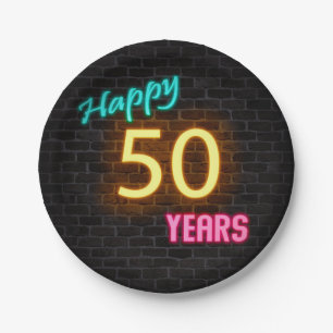 Neon number 50 sign on brick wall paper plate